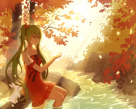 Hatsune Miku - toamna, vocaloid, anime, girl, manga, lan jue, orange, luminos, autumn, hatsune miku