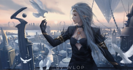 The messenger - bird, wlop, dove, girl, black, fantasy, pasare, art, luminos