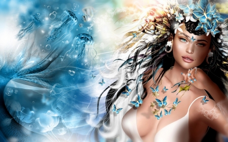 Mermaid - rendering, girl, jewel, jellyfish, fantasy, white, buttetfly, blue, luminos, mermaid, sirena