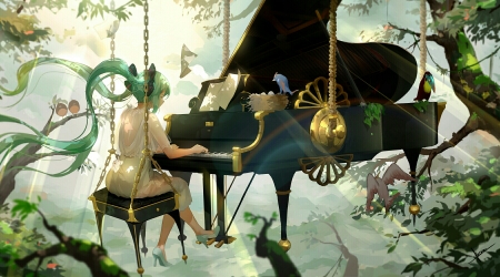 Hatsune Miku - hatsune miku, piano, girl, vocaloid, anime, instrument, manga, bird