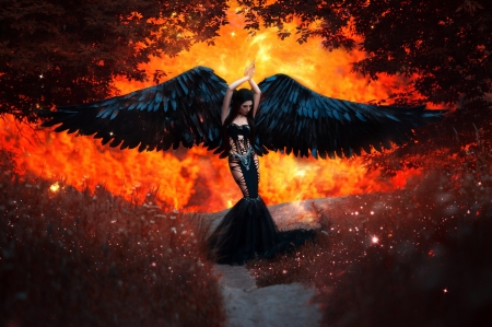 Dark angel - black, fantasy, fire, wings, dress, girl, angel, fallen