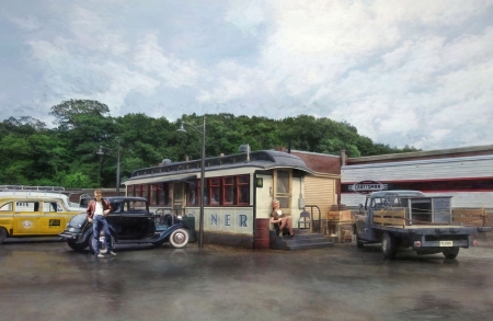 James And Marilyn at the Diner - marilyn monroe, blonde, cars, diner, james dean, actress, american, actor, truck