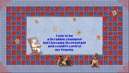 scrabbled - dog, cats, quilt, text