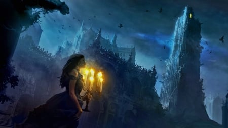 keeper of the candles - candle, castle, girl, bird