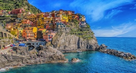 Panoramic View on Sea Against Bule Sky - nature, sky, houses, blue, sea