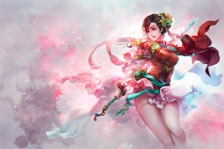 Fantasy girl - red, fantasy, pink, antilous, luminos, girl, art