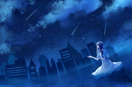 Fallen stars - manga, anime, blue, girl, stars, sky