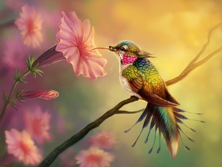 Hummingbird - flower, fantasy, pasare, bird, pink, humming-bird, luminos, art