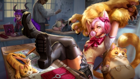 Fantasy girl - boots, girl, pink, cat, yang tianli, fantasy, pisica, paw, claws, luminos