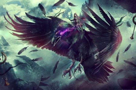 World of Warcraft - bird, game, girl, rpgue, feather, black, fantasy, purple, eddy shinjuku, wings, pasare, world of warcraft, luminos