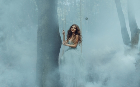 Misty swing - woman, girl, forest, blue, swing, tree, model, mist