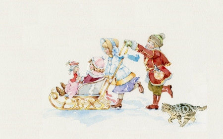 Children - hat, cat, girl, joy, winter, copil, natasha tabatchikova, children, draw, sleigh, luminos, boy, wintet