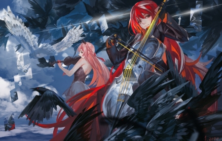 :-) - manga, anime, instrument, contrabass, violin, red, girl, luminos