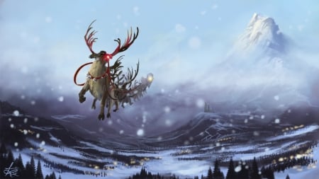 :-) - rudolf, craciun, reindeer, christmas, blue, art, sky, fantasy, santa, luminos