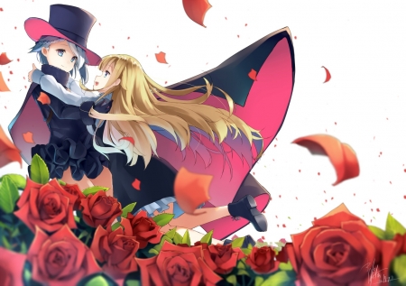 :-) - hat, anime, girl, petals, black, manga, red, rose, couple