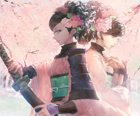 Samurai - sword, blackrabbitsoul, pink, katana, anime, girl, manga, luminos, samurai