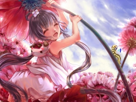 Luo Tianyi - anime, luo tianyi, summer, blue, flower, pink, manga, chibi, cute, luminos