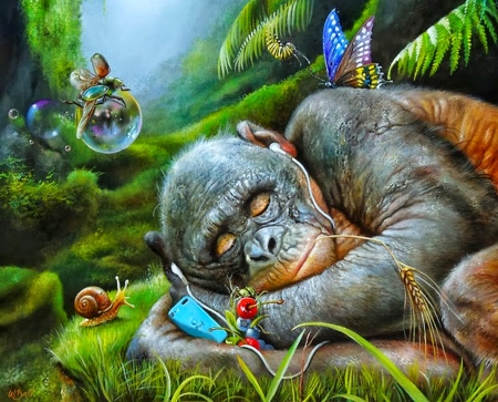 Sweet dreams - fantasy, animal, sleep, monkey, creative, snail, luminos