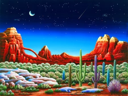 :-) - moon, cactus, andy russell, night, colorful, painting, art, luminos, blue, orange, pictura, green, desert, canion, luna