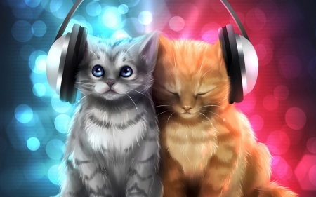 Head Phone Kittens - arts, orange, digital, fantasy, gray