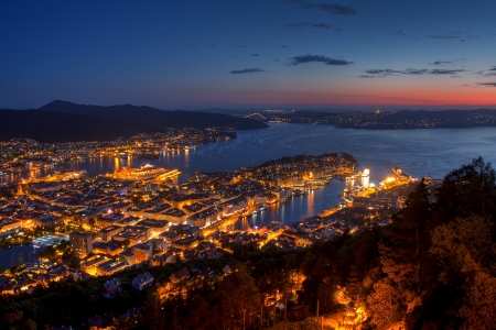 Night View From Mount Floyen, Bergen, Norway - houses, sea, lights, coast, atlantic