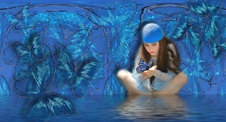 BLUE BUTTERFLIES - BUTTERFLIES, FEMALE, REFLECTION, BLUE