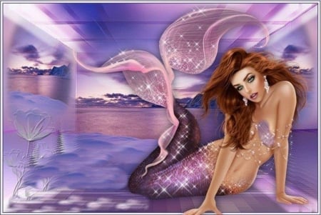 MERMAID SUNSET - SUNSET, FEMALE, MERMAID, REDHAIR