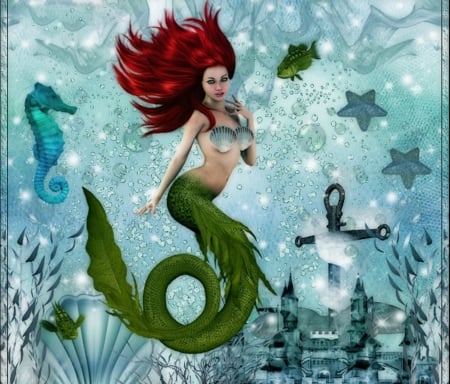 UNDER THE OCEAN - STARFISH, SEAHORSE, FEMALE, CASTLE, MERMAID, OCEAN, FISH, REDHAIR