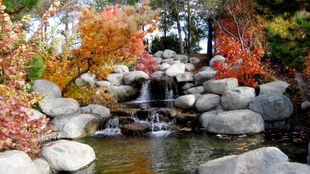 Autumn Boulder Creek - nature, fall, landscape, trees, leaves, boulder, stones, creek