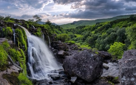 Waterfall Near Stirlingshire, Scotland - nature, waterfall, scotland, forest, rocks