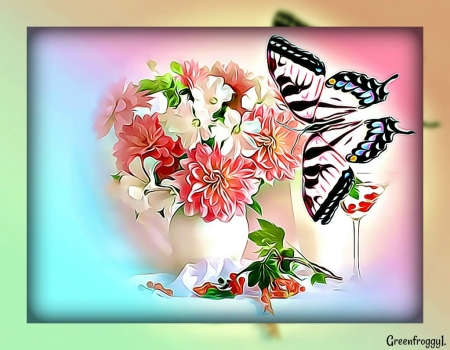 FLOWERS WITH BUTTERFLY - FRACTAL, ABSTRACT, BUTTERFLY, FLOWERS