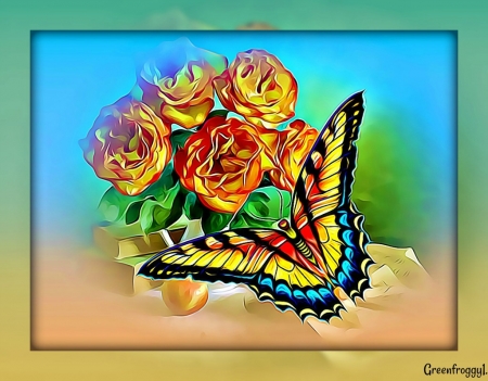 ROSES WITH BUTTERFLY - ROSES, FRACTAL, ABSTRACT, BUTTERFLY