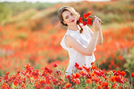 Beauty - woman, girl, summer, field, model, white, red, poppy, flower