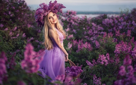 Beauty - wreath, purple, woman, model, girl, lilac, flower, pink