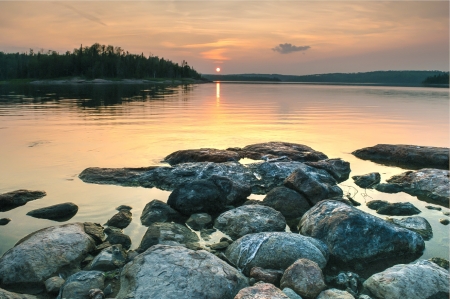 Rocky Sea Shore at Sunset - shore, sunset, nature, sea, stones, sky