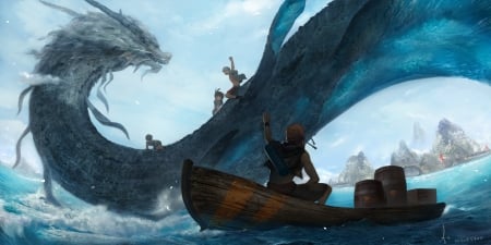 The greatest water dragon - lee kent, water dragon, fantasy, people, boat, luminos, sea, blue