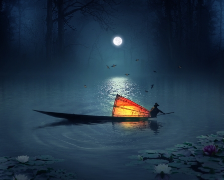 Moonlight - moon, fantasy, rafy a, water, boat, creative, luminos, luna