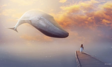 Dream - cloud, rafy a, girl, creative, sky, fantasy, whale, orange, dream