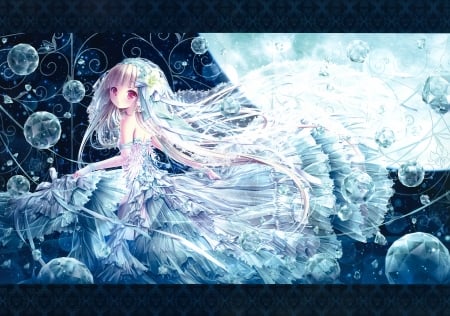 Tinkle bride - moon, bride, anime, blue, tinkle, dress, girl, manga, white, bubbles, luminos, luna