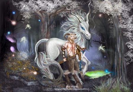 Fantasy - forest, horse, demon, elgha, white, creature, fantasy, tree, luminos, man, horns