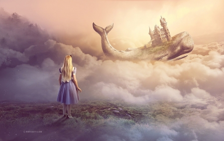 The castle-whale - whale, wonderland, girl, creative, fantasy, rafy a, cloud, alice, castle, sky