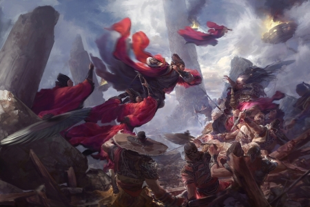 Epic battle - fighter, fliyng, fenghua zhong, man, battle, fantasy, red, art, asian, luminos