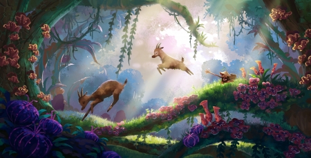 Baby goats - goat, sharonhuang, forest, fantasy, animal, deer, green, cute, art, luminos