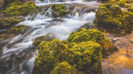 Creek Waterfall - nature, waterfall, creek, moss, stones