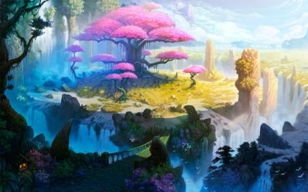 Pink tree - fantasy, yellow, blue, art, pink, tree, luminos