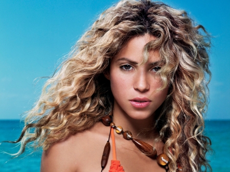 Shakira - summer, blue, Shakira, singer, girl, sea, curl, woman, face