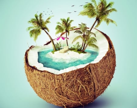 Coconut Island - palm tree, water, summer, fantasy, creative, fruit, coconut, brown, blue, island, green, sea