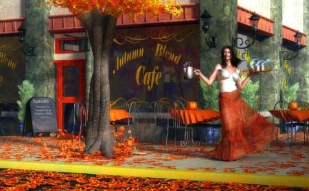 Autumn Blend Cafe - woman, folliages, attractions in dreams, autumn, colorful, pumpkins, love four seasons, digital art, leaves, paintings, cafe, fall season