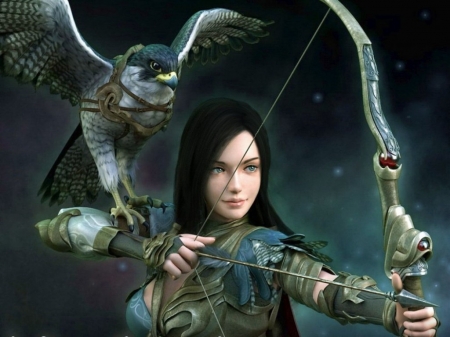 Archer - hawk, girl, game, luminos, fantasy, archer, pasare, bird