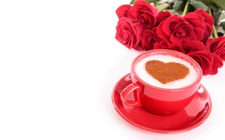 Happy Valentine's Day! - white, red, card, rose, valentine, coffee, heart, cup